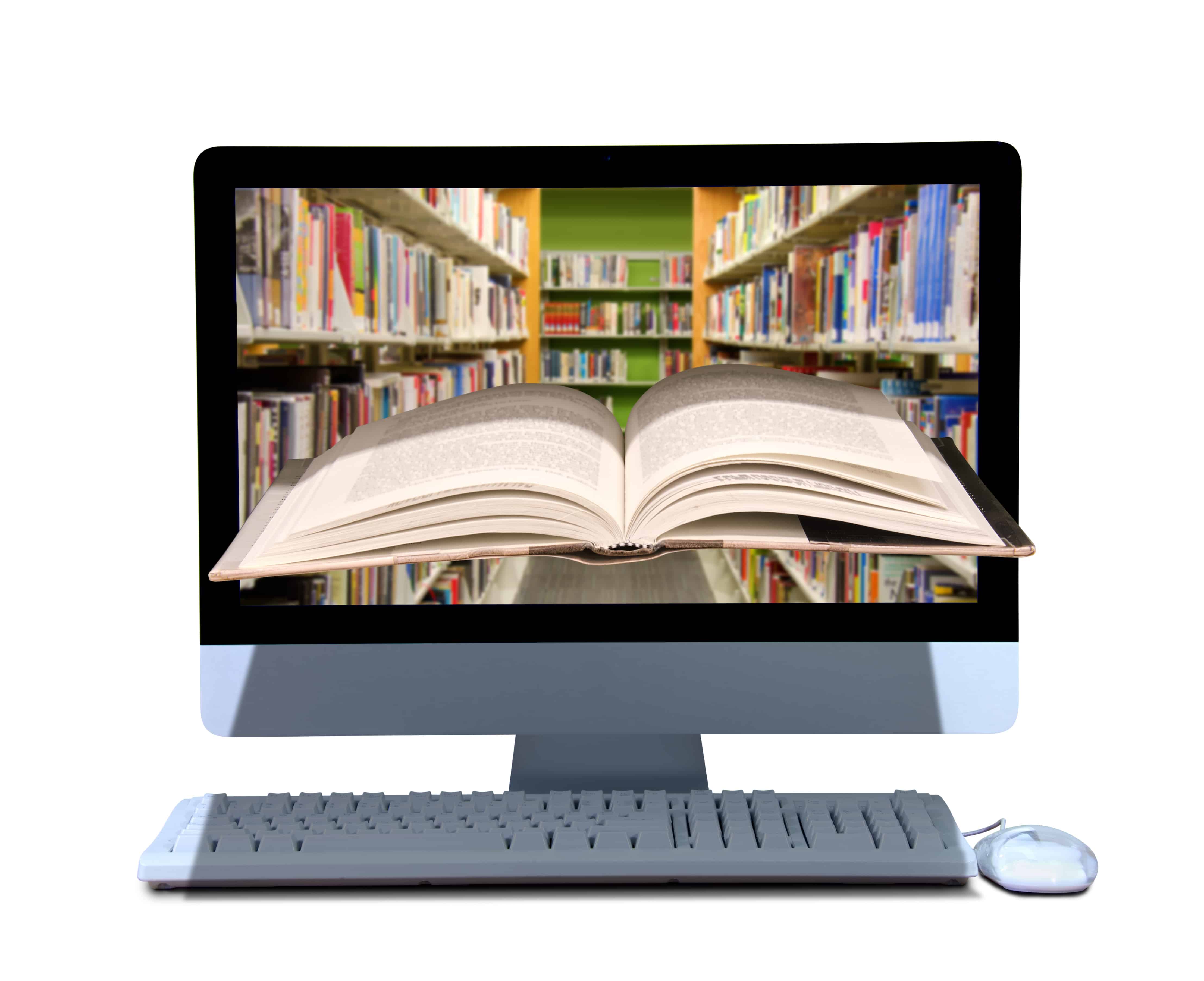 A book coming out of a computer with library on the screen of the computer representing online library, school, manual, instruction, e-book, research, search, dictionary, thesaurus and encyclopedia.